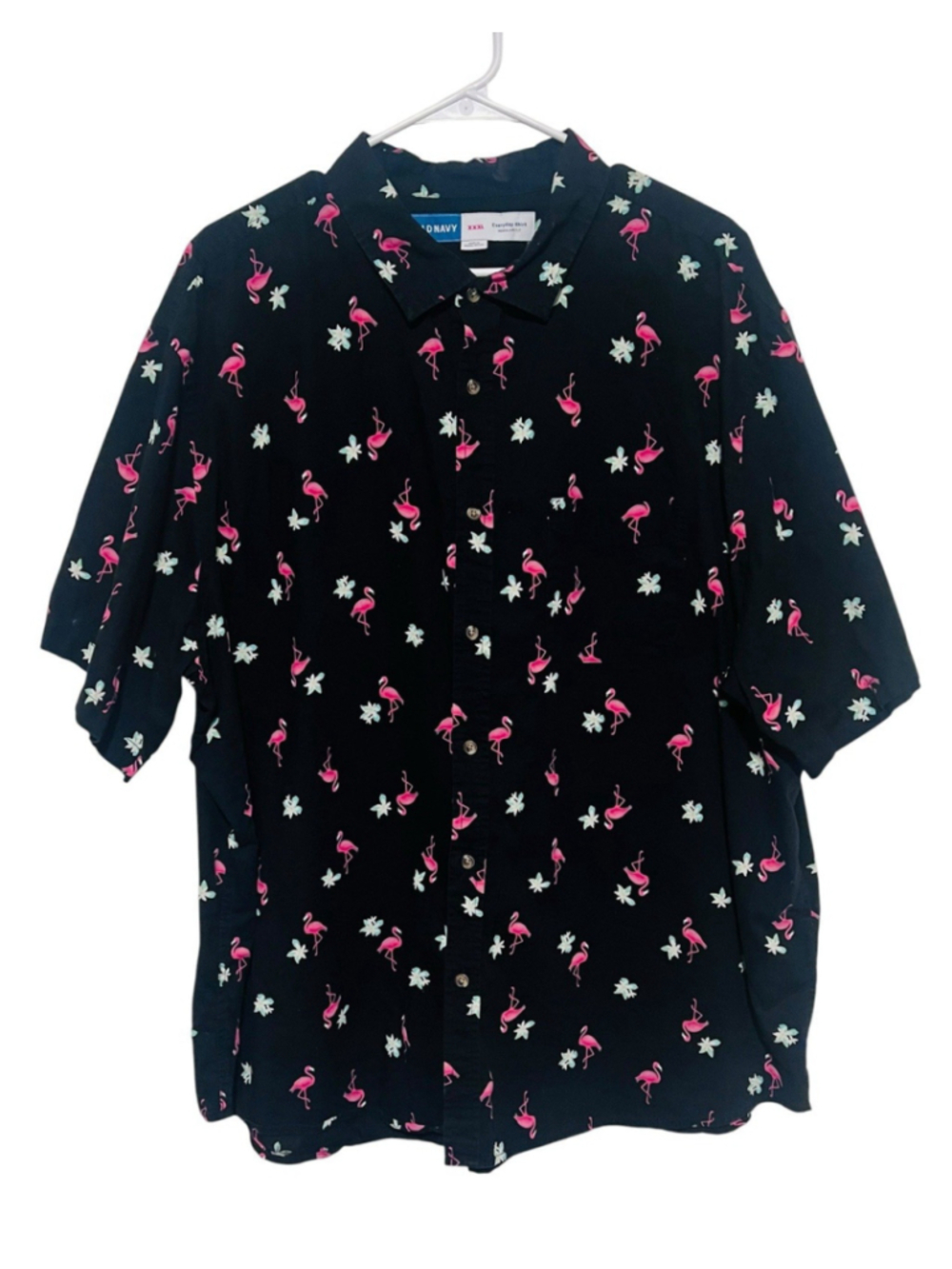 Old Navy Tropical Flamingo Shirt Men’s XXXL 3XL Black Hawaiian Beach Button Up